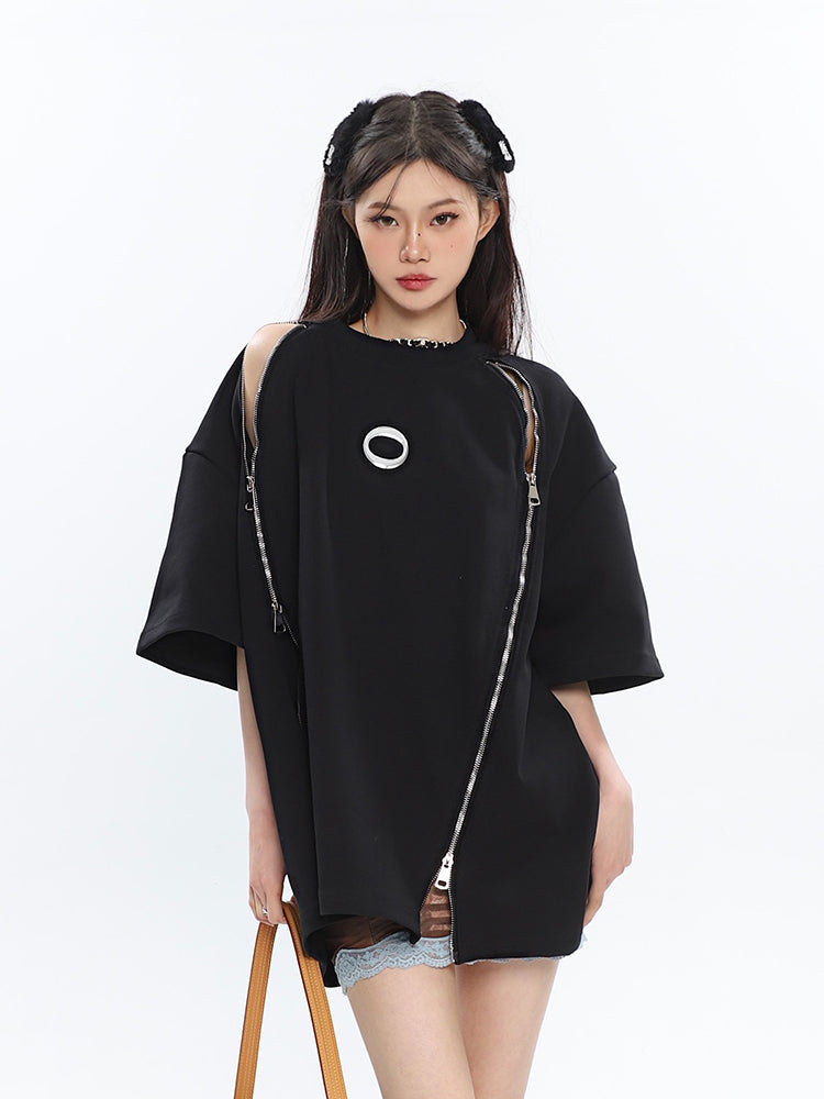 Antmvs Cenza Solid Color Multi-Zipper Short Sleeve Silver Metalic Ring Brooch Tee Shirt Top
