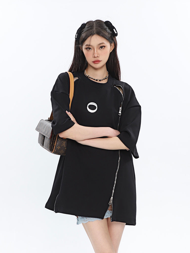 Antmvs Cenza Solid Color Multi-Zipper Short Sleeve Silver Metalic Ring Brooch Tee Shirt Top