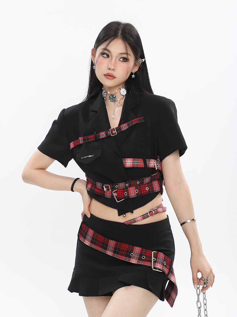 Antmvs Suzy Red Plaid Short Sleeve Waist Belt Cropped Top + High Waist Black Belt Mini Skirt Matching Set
