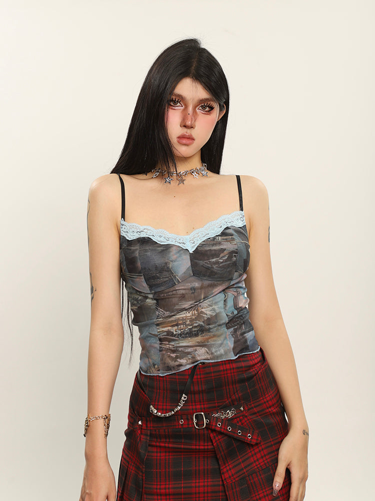 Antmvs Fiona Graphic Image Print Spaghetti Strap V-Neck Lace Patchwork Slim Camisole Top