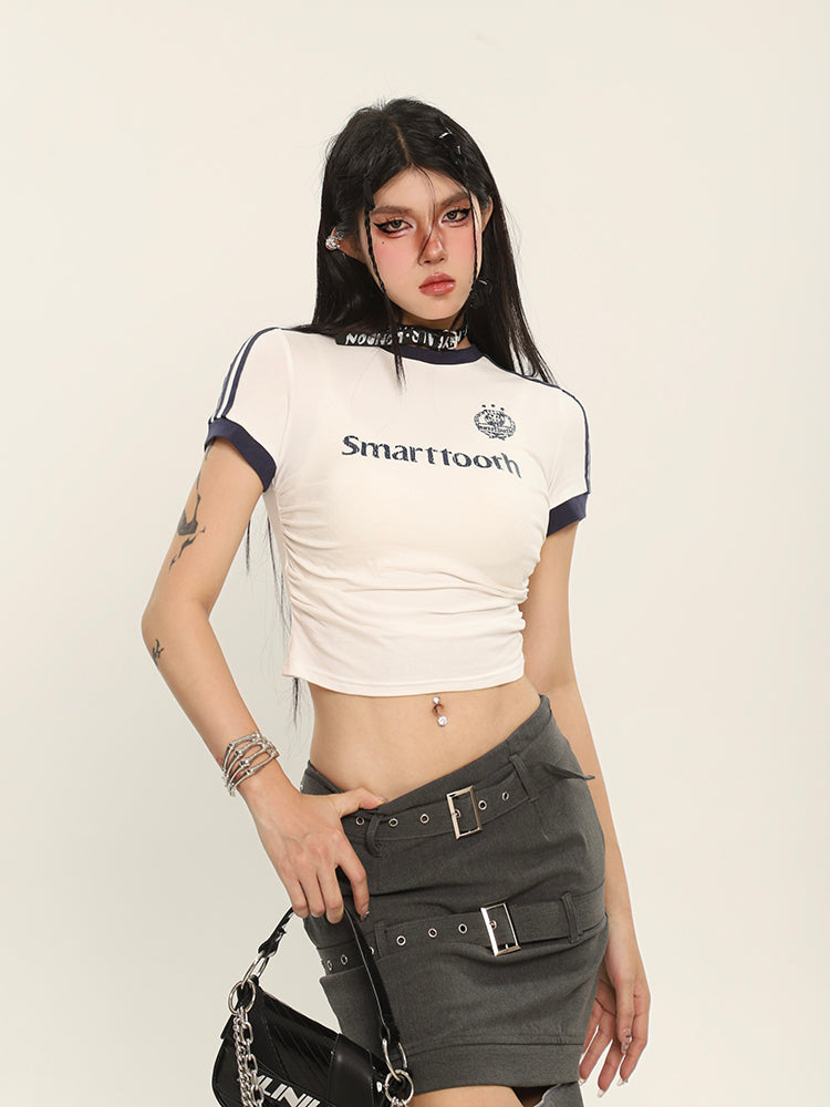 Antmvs SMARTTOOTH Graphic Letter Print Short Sleeve Slim Cropped Top