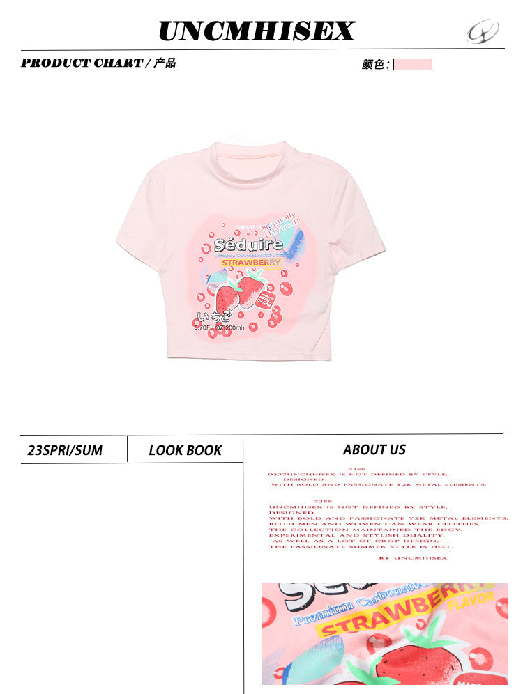 Antmvs Lilia Sweet Strawberry Cartoon Image Print Short Sleeve Slim Cropped Top