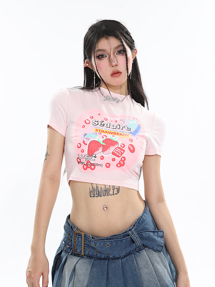 Antmvs Lilia Sweet Strawberry Cartoon Image Print Short Sleeve Slim Cropped Top