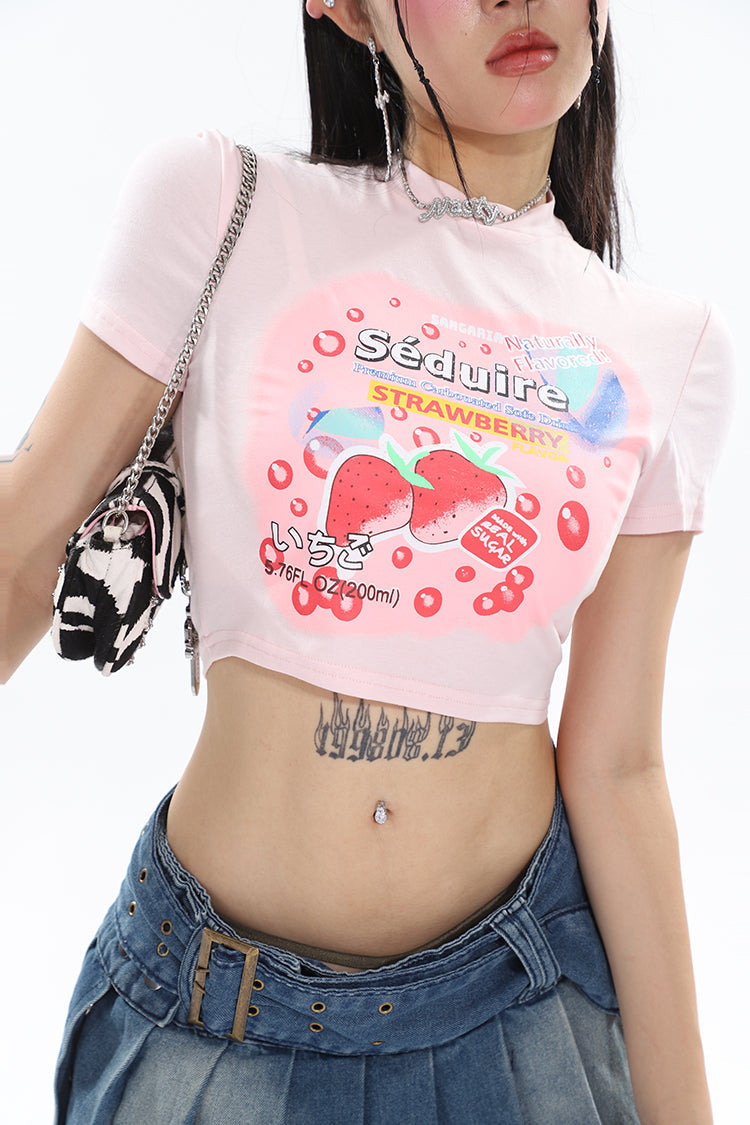 Antmvs Lilia Sweet Strawberry Cartoon Image Print Short Sleeve Slim Cropped Top