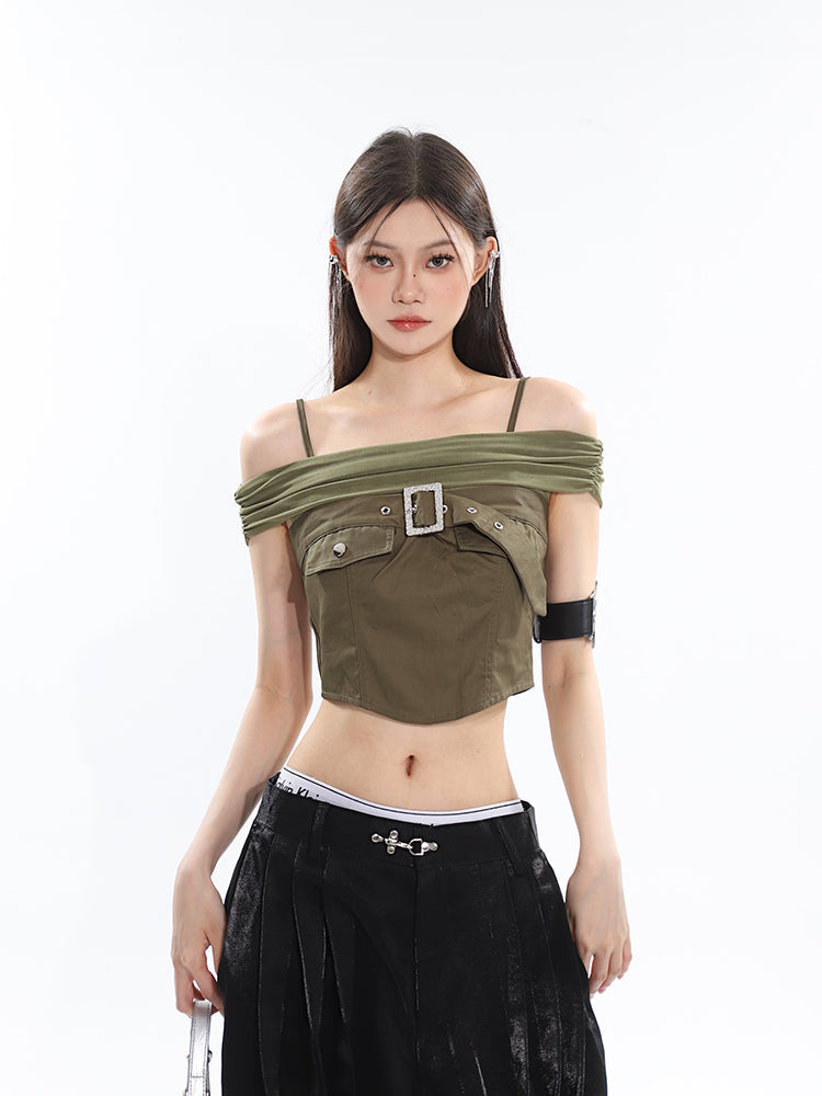 Antmvs Tanya Solid Color Black Off-the Shoulder Spaghetti Strap Front Chest Strap Cropped Top