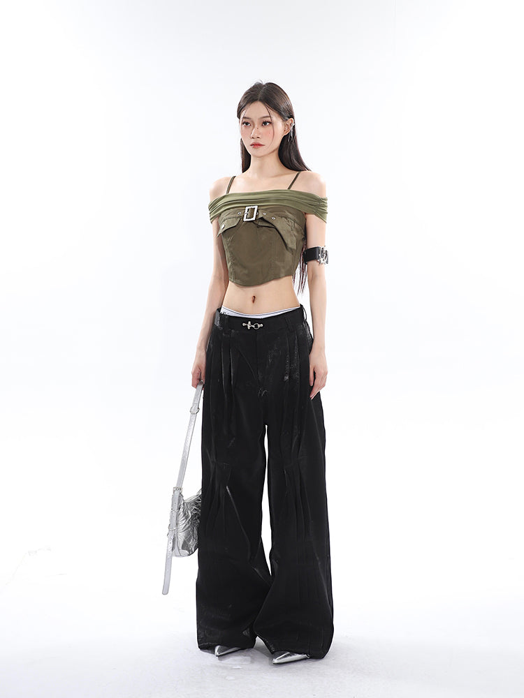 Antmvs Tanya Solid Color Black Off-the Shoulder Spaghetti Strap Front Chest Strap Cropped Top