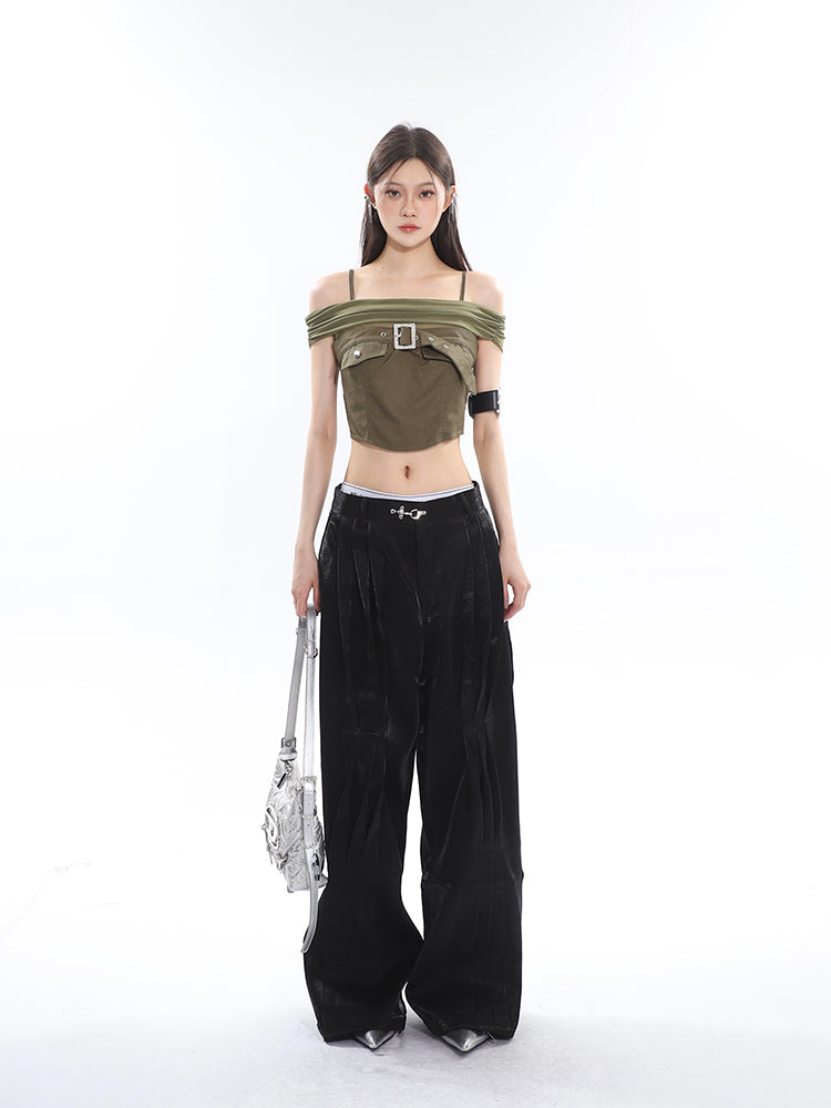 Antmvs Tanya Solid Color Black Off-the Shoulder Spaghetti Strap Front Chest Strap Cropped Top