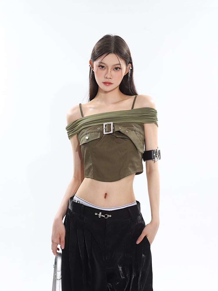 Antmvs Tanya Solid Color Black Off-the Shoulder Spaghetti Strap Front Chest Strap Cropped Top