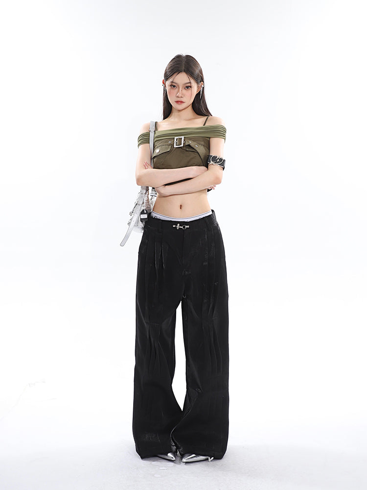 Antmvs Tanya Solid Color Black Off-the Shoulder Spaghetti Strap Front Chest Strap Cropped Top