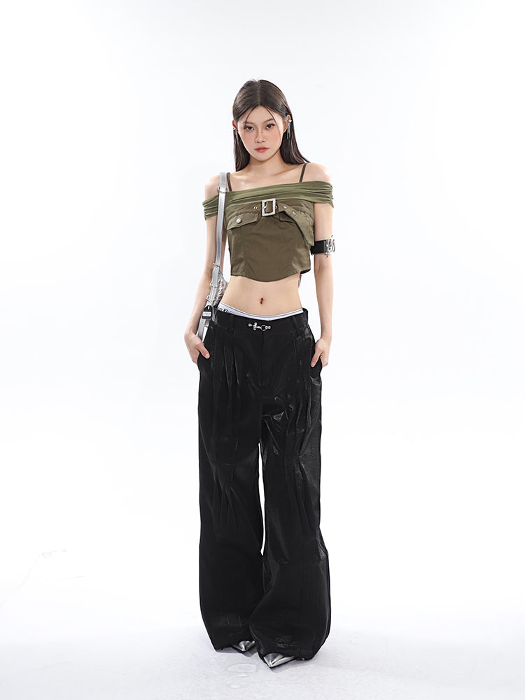 Antmvs Tanya Solid Color Black Off-the Shoulder Spaghetti Strap Front Chest Strap Cropped Top