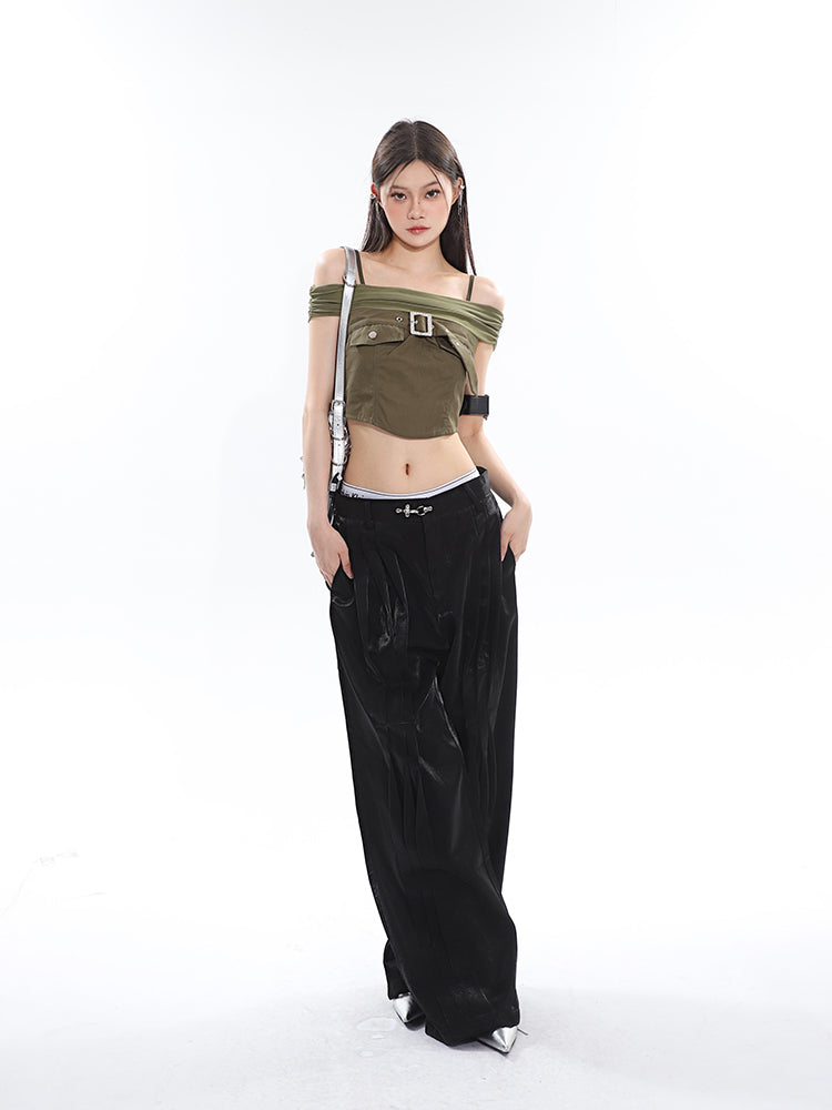 Antmvs Tanya Solid Color Black Off-the Shoulder Spaghetti Strap Front Chest Strap Cropped Top