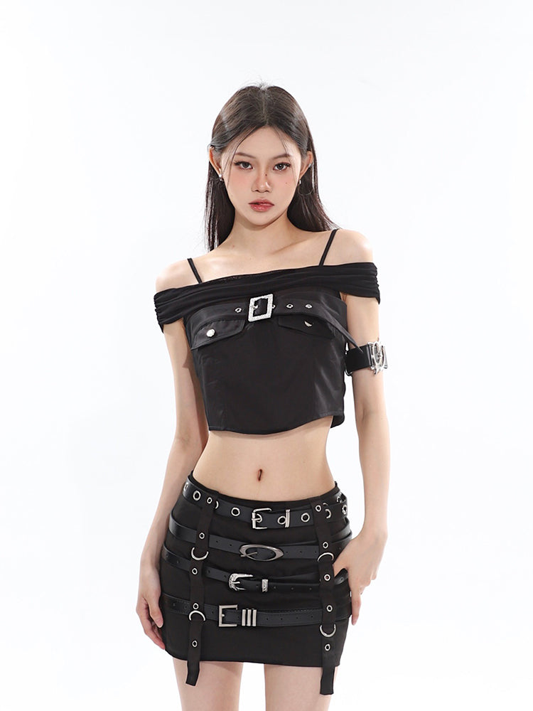 Antmvs Tanya Solid Color Black Off-the Shoulder Spaghetti Strap Front Chest Strap Cropped Top