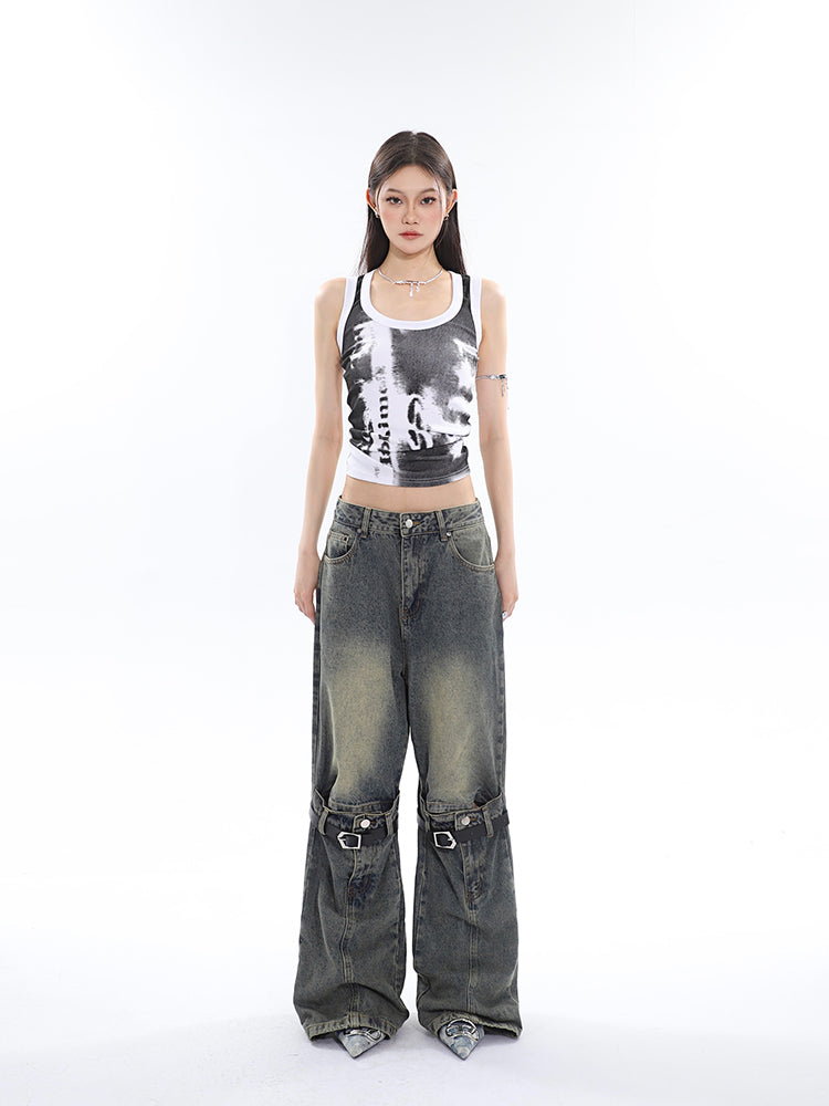 Antmvs Stella Graphic Image Print Wide Strap Slim U-Neck Cropped Top