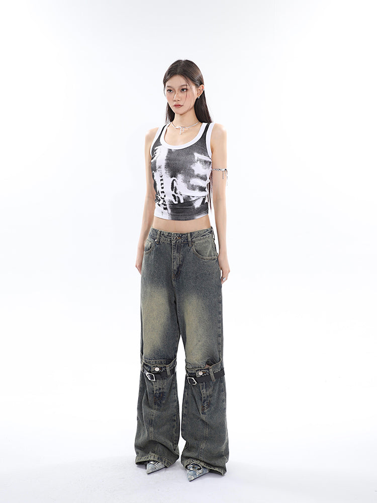 Antmvs Stella Graphic Image Print Wide Strap Slim U-Neck Cropped Top
