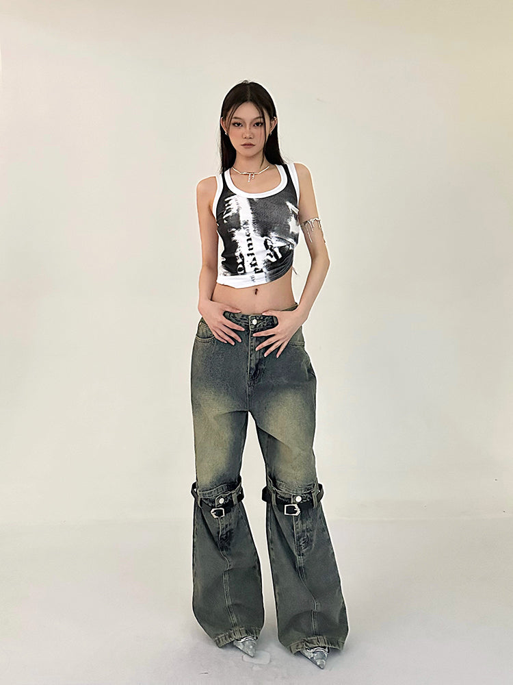 Antmvs Stella Graphic Image Print Wide Strap Slim U-Neck Cropped Top