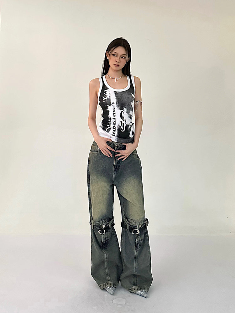 Antmvs Stella Graphic Image Print Wide Strap Slim U-Neck Cropped Top