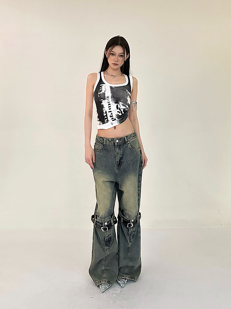Antmvs Stella Graphic Image Print Wide Strap Slim U-Neck Cropped Top
