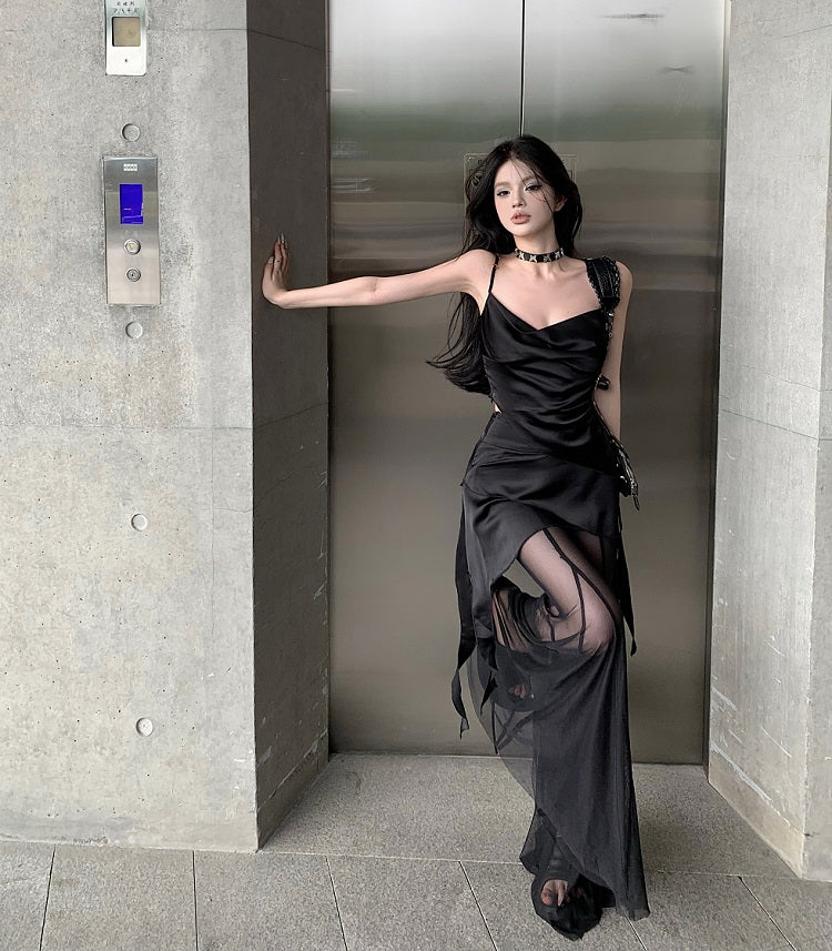 Antmvs Vienna Solid Color Black Spaghetti Strap Pleated Square Neck Asymmetrical Top + High Waist Patchwork Long Sheer Skirt Pants Matching Set