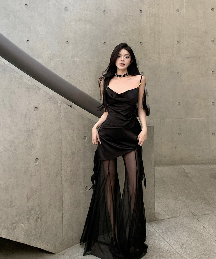 Antmvs Vienna Solid Color Black Spaghetti Strap Pleated Square Neck Asymmetrical Top + High Waist Patchwork Long Sheer Skirt Pants Matching Set