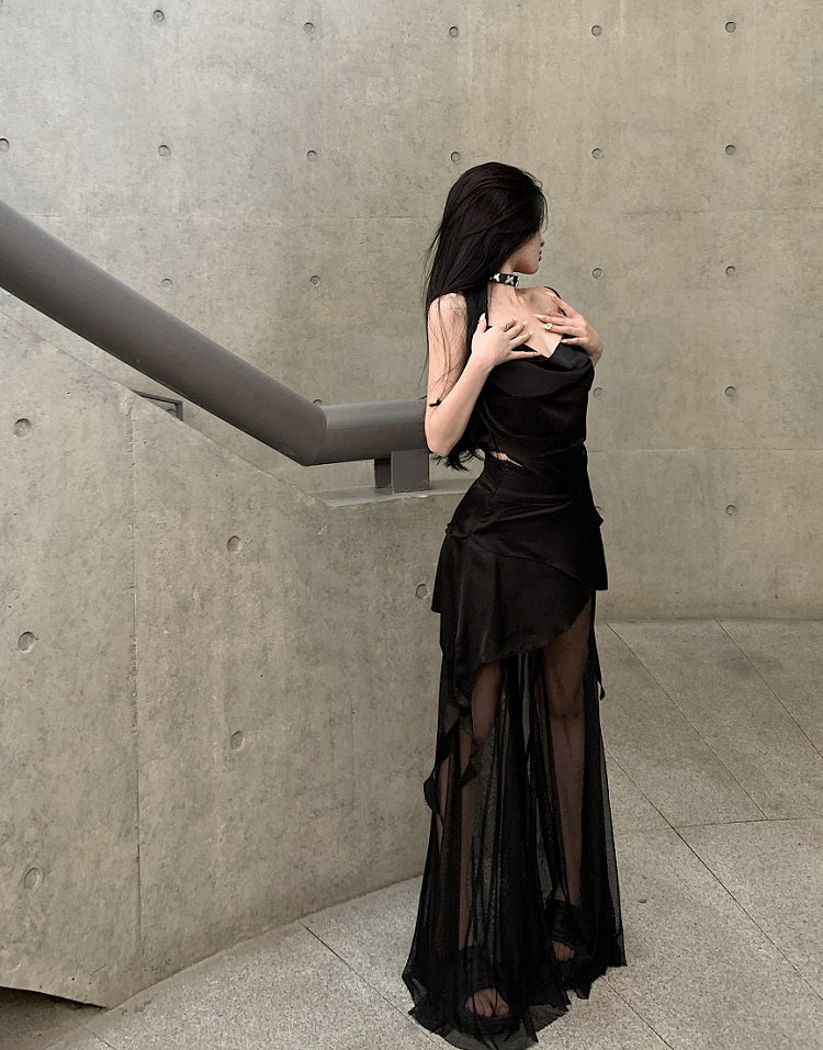 Antmvs Vienna Solid Color Black Spaghetti Strap Pleated Square Neck Asymmetrical Top + High Waist Patchwork Long Sheer Skirt Pants Matching Set
