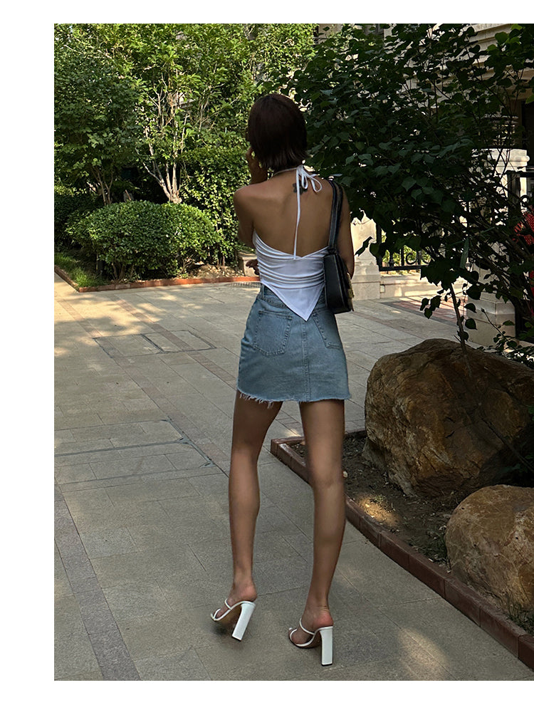 Antmvs Kira Solid Color White Halter Neck V-Neck Cropped Top