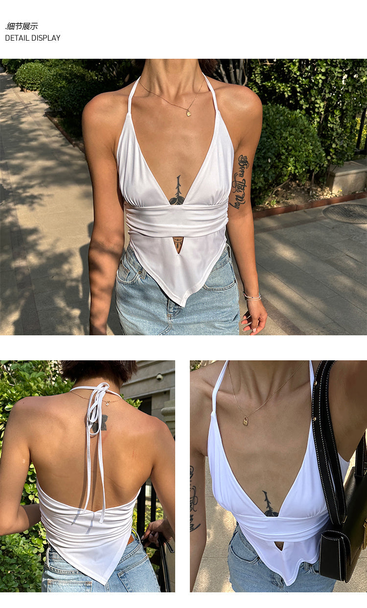 Antmvs Kira Solid Color White Halter Neck V-Neck Cropped Top