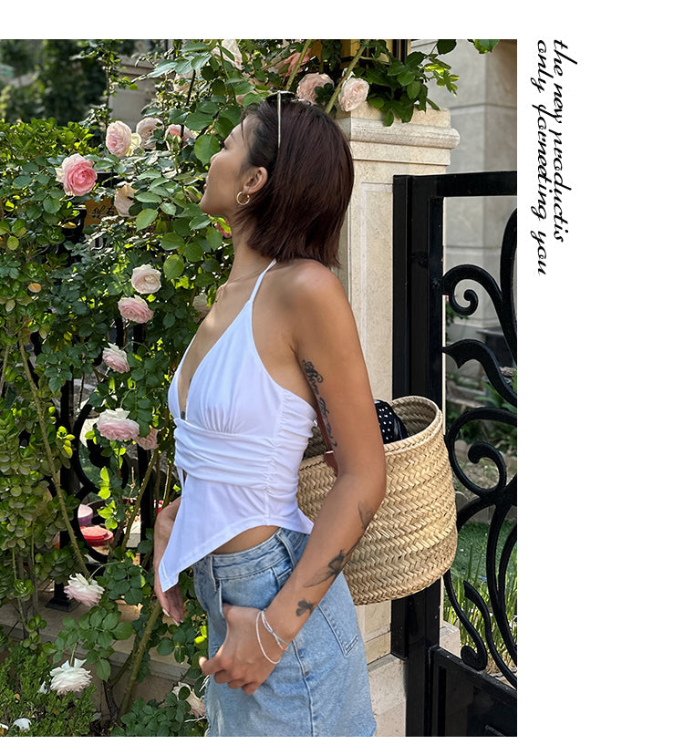 Antmvs Kira Solid Color White Halter Neck V-Neck Cropped Top
