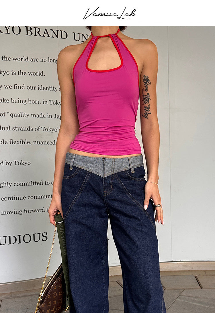 Antmvs Colleen Solid Color Halter Neck Y2K Cutout Slim Suspender Top