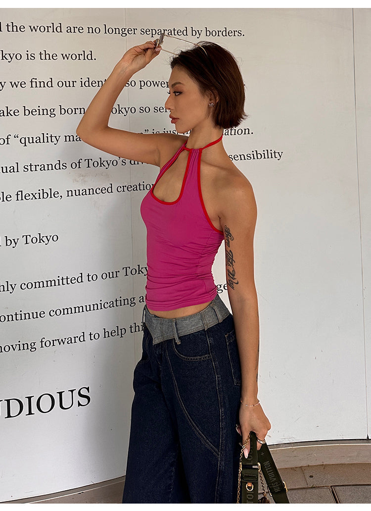 Antmvs Colleen Solid Color Halter Neck Y2K Cutout Slim Suspender Top