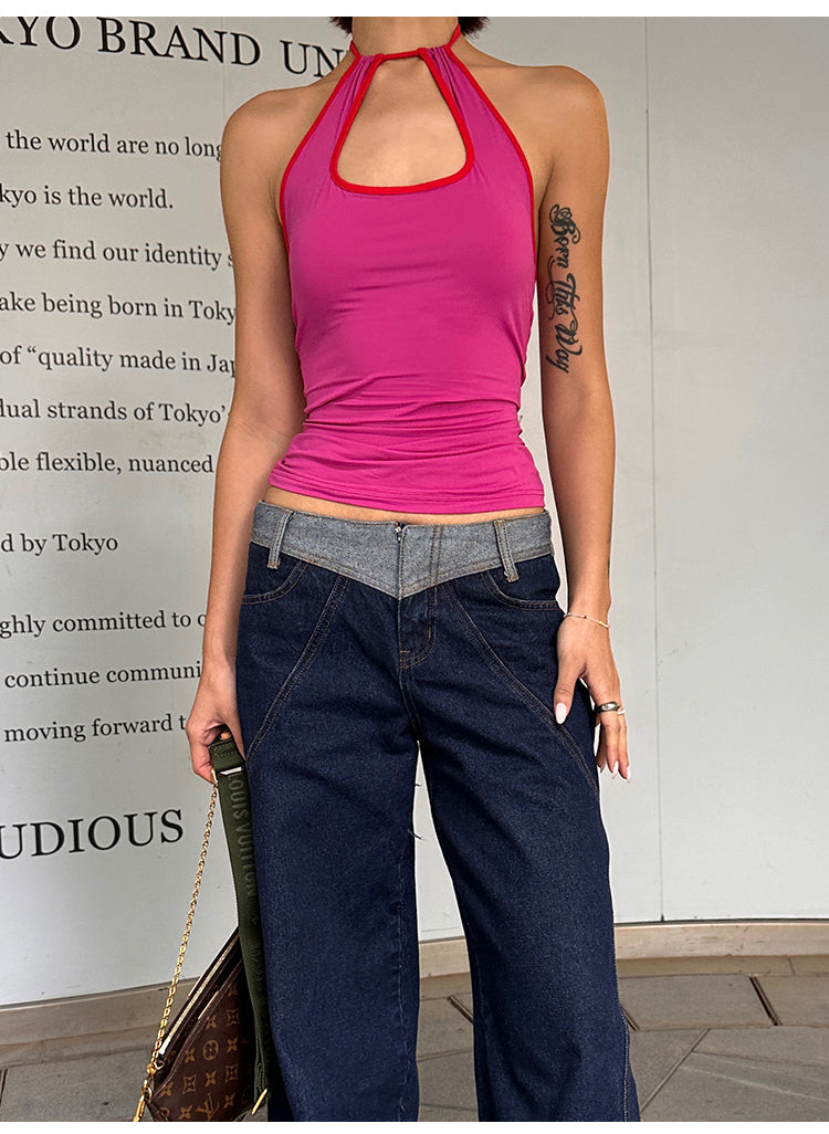 Antmvs Colleen Solid Color Halter Neck Y2K Cutout Slim Suspender Top