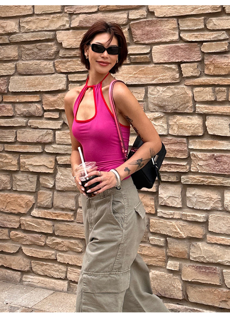 Antmvs Colleen Solid Color Halter Neck Y2K Cutout Slim Suspender Top
