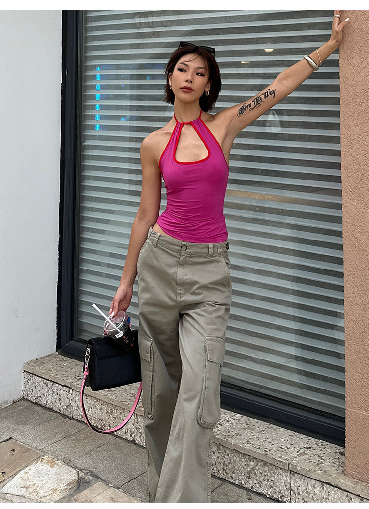 Antmvs Colleen Solid Color Halter Neck Y2K Cutout Slim Suspender Top