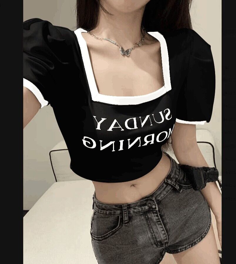 Antmvs SUNDAY MORNING Letter Print Square Neck Short Puffed Sleeve Slim Cropped Top