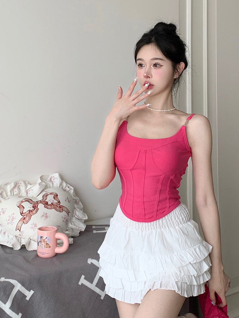 Antmvs Jania Solid Color Pink Silver Spaghetti Strap Slim Corset Top