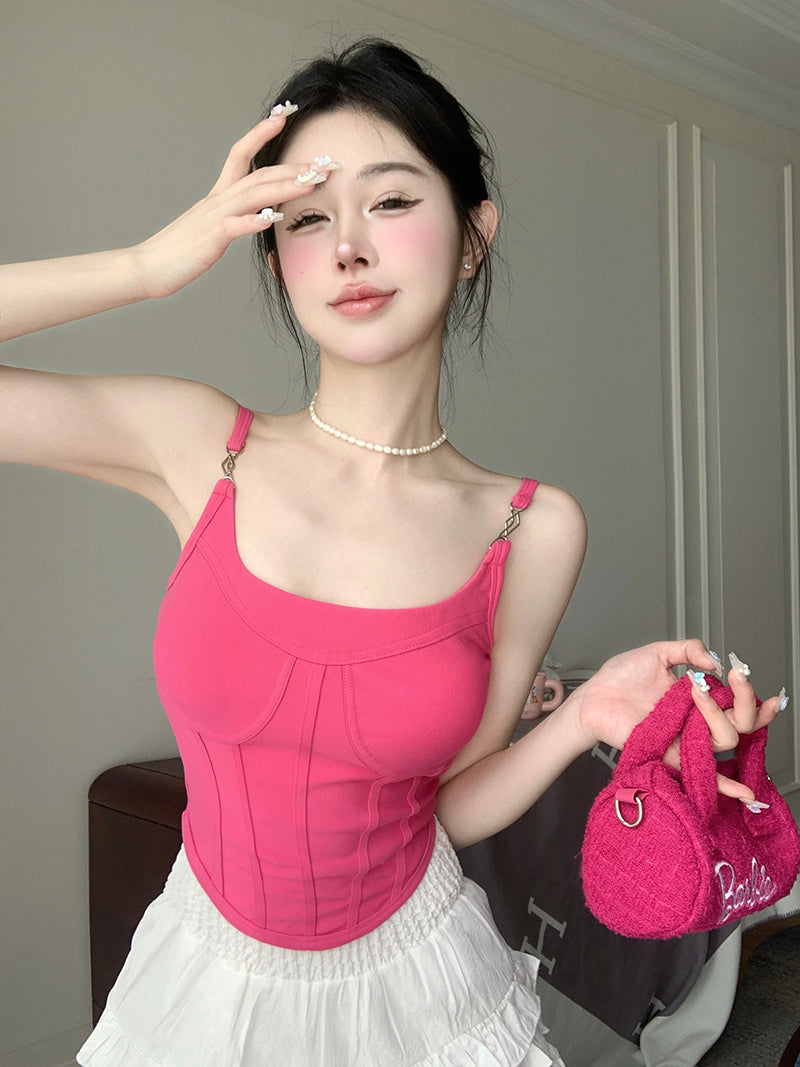 Antmvs Jania Solid Color Pink Silver Spaghetti Strap Slim Corset Top