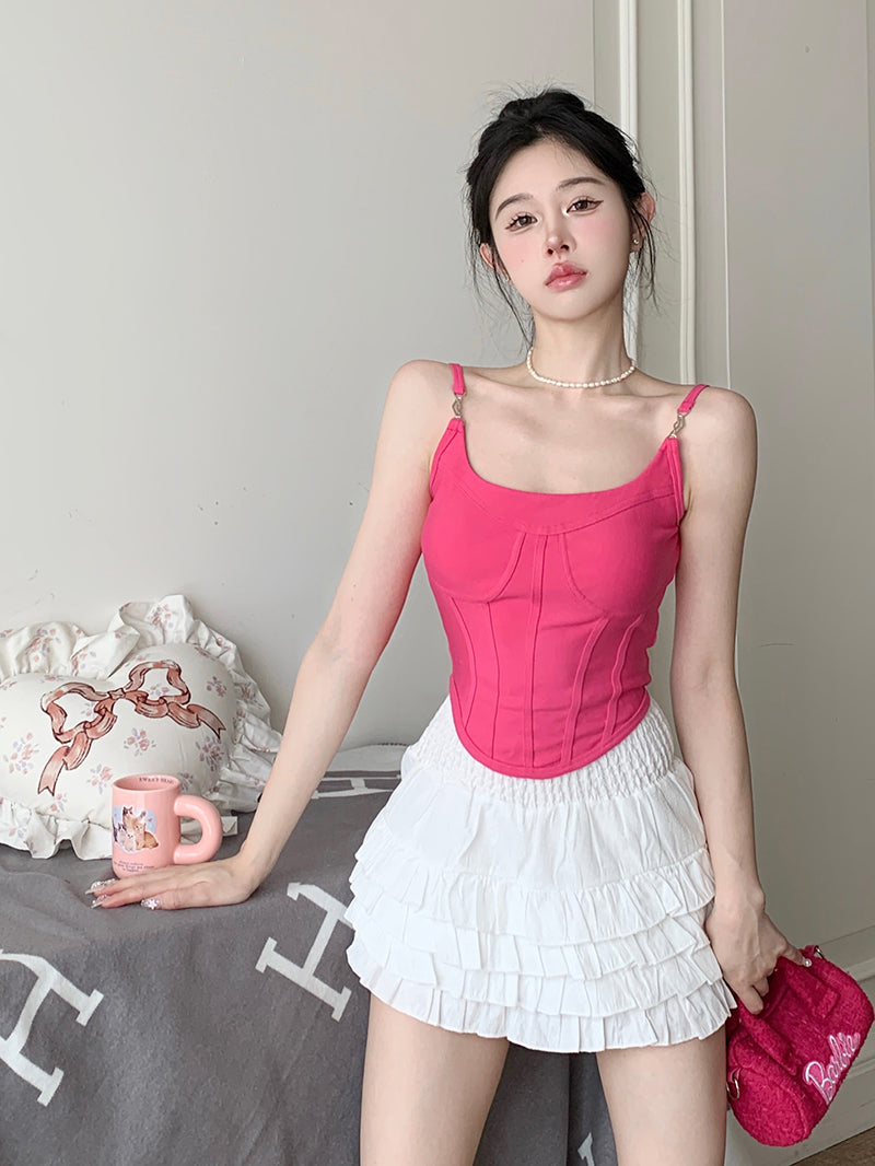 Antmvs Jania Solid Color Pink Silver Spaghetti Strap Slim Corset Top
