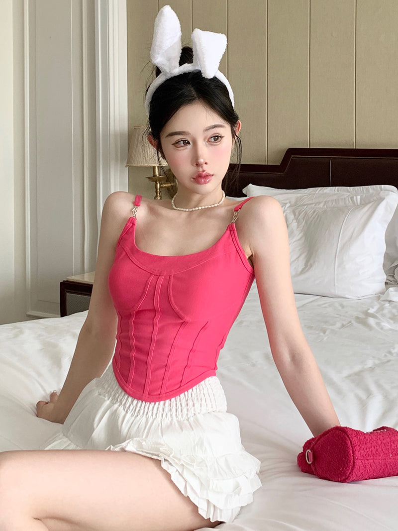 Antmvs Jania Solid Color Pink Silver Spaghetti Strap Slim Corset Top