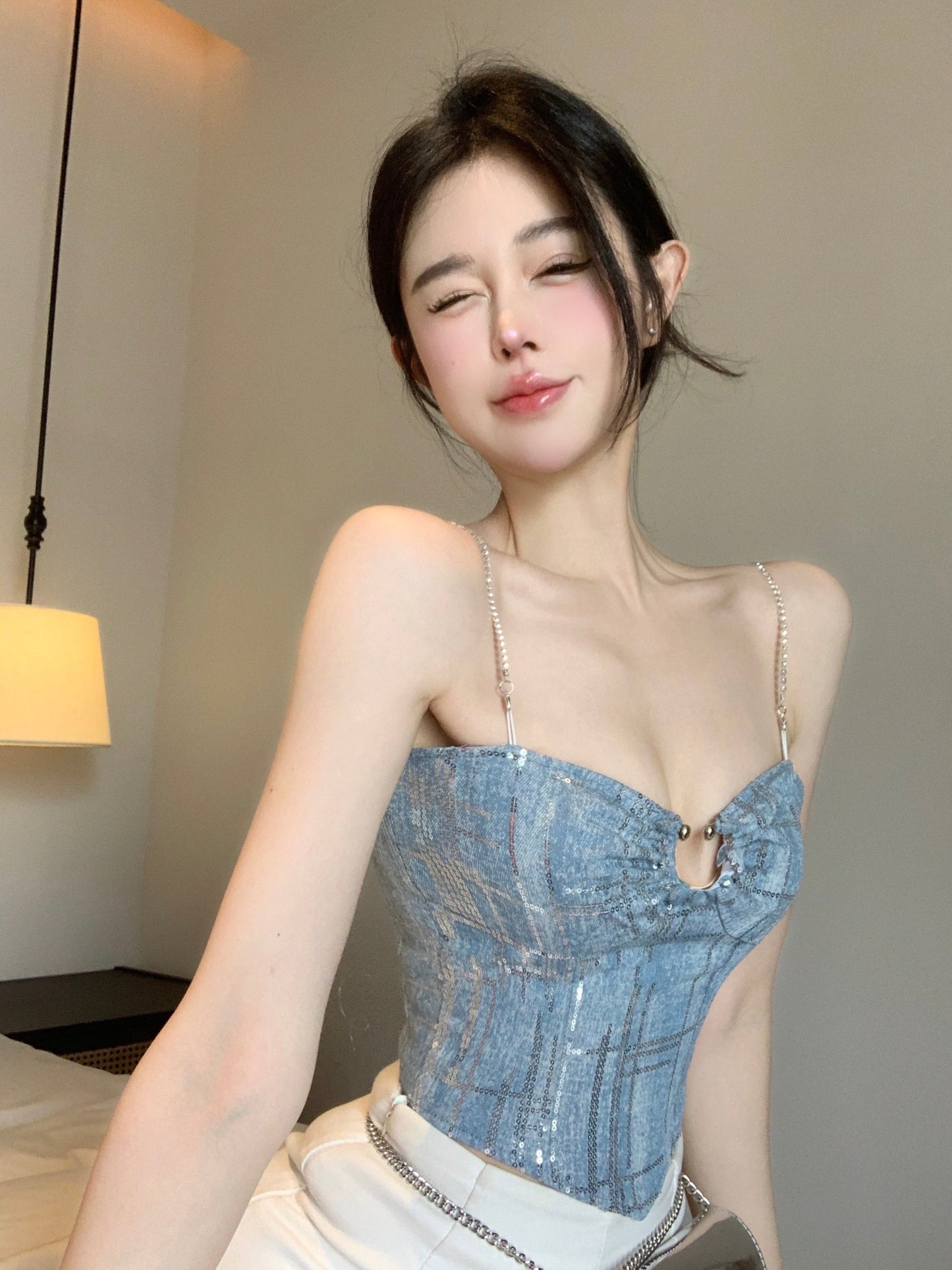 Antmvs Shelly Icy Blue & Silver Spaghetti Strap Slim Camisole Cropped Top