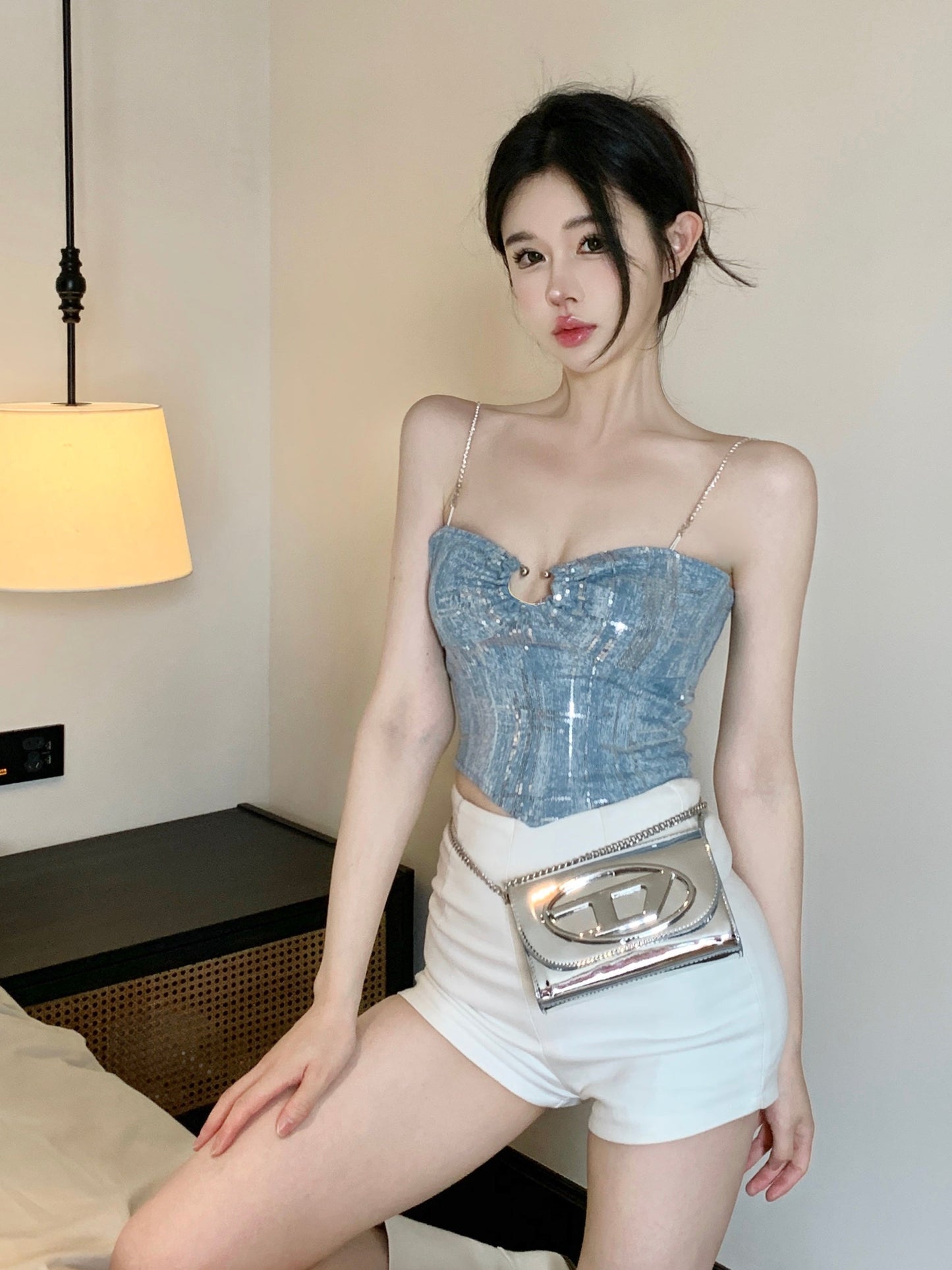 Antmvs Shelly Icy Blue & Silver Spaghetti Strap Slim Camisole Cropped Top