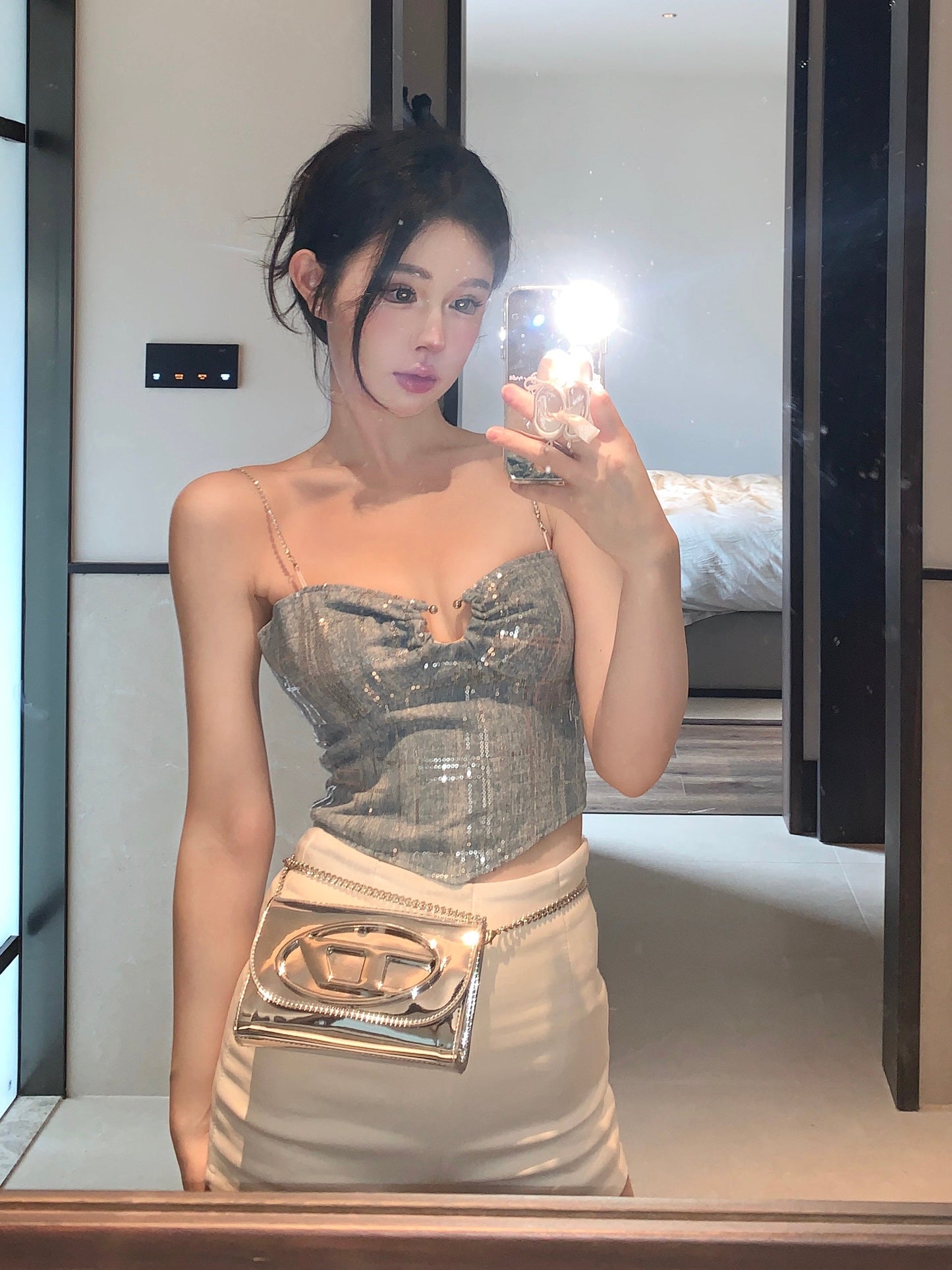 Antmvs Shelly Icy Blue & Silver Spaghetti Strap Slim Camisole Cropped Top