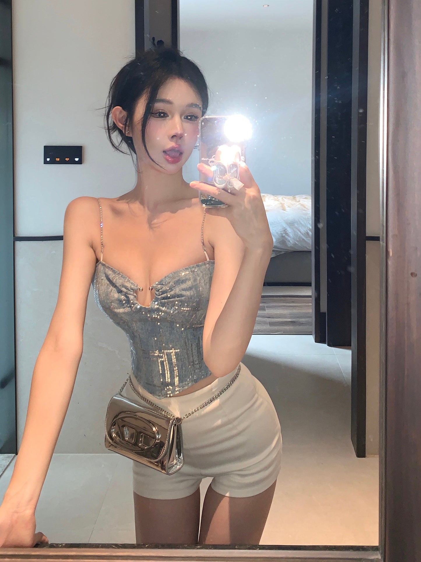 Antmvs Shelly Icy Blue & Silver Spaghetti Strap Slim Camisole Cropped Top