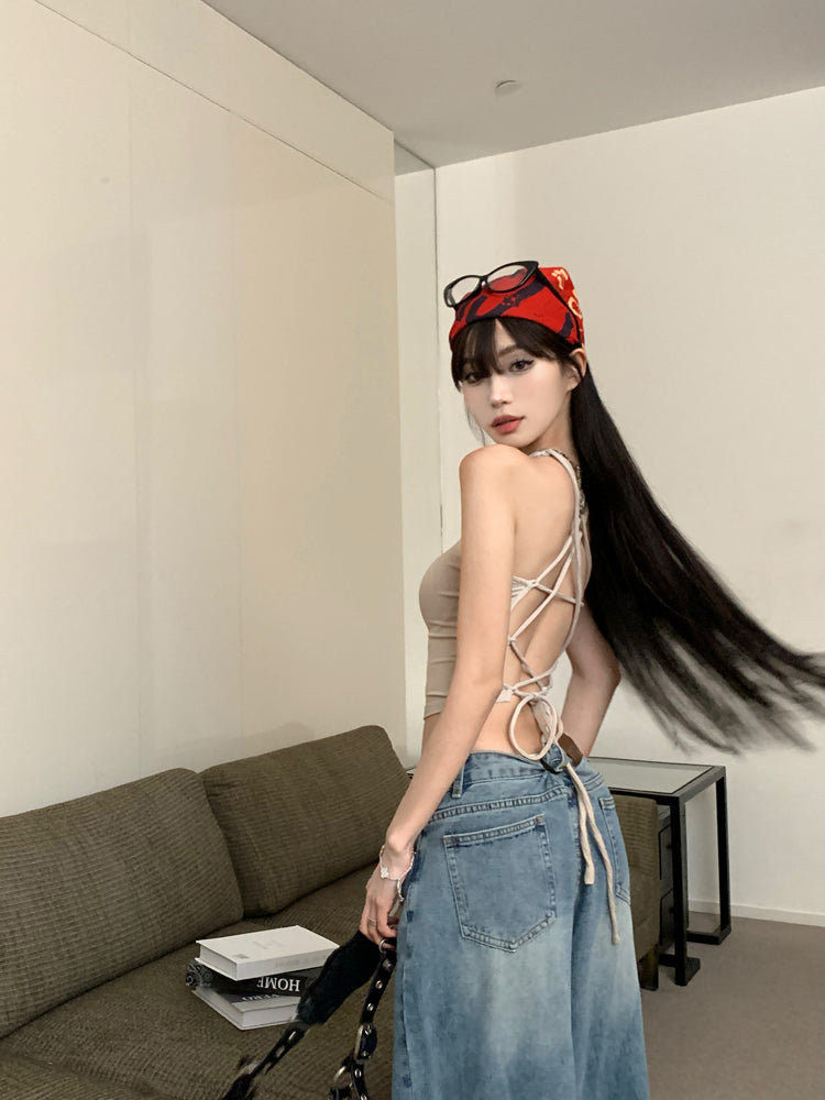 Antmvs Dalia Solid Color Backless Lace-Up Halter Neck Slim Camisole Cropped Top