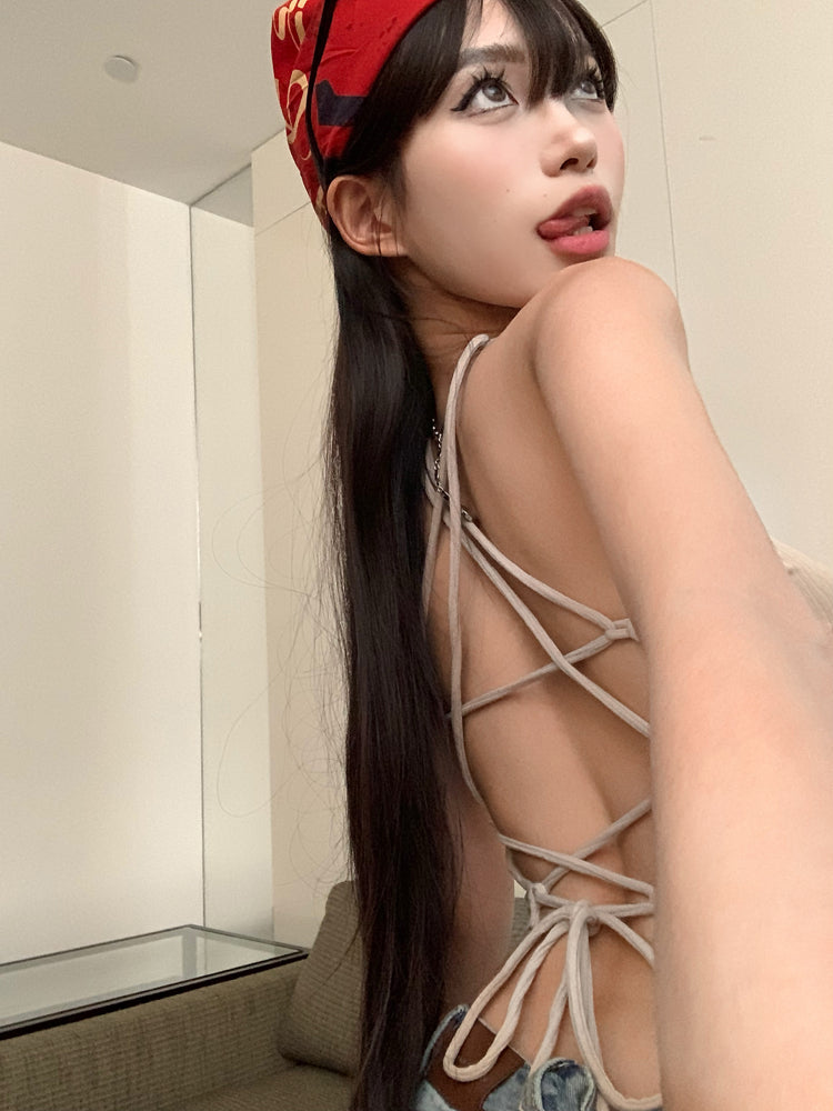 Antmvs Dalia Solid Color Backless Lace-Up Halter Neck Slim Camisole Cropped Top