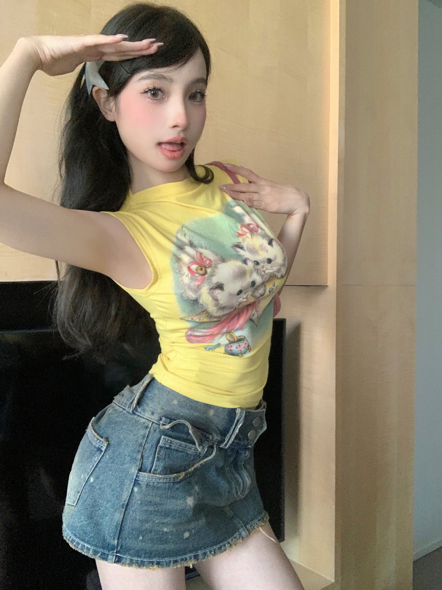 Antmvs Willa Solid Color Graphic Cat Image Print Slim Summer Cropped Top