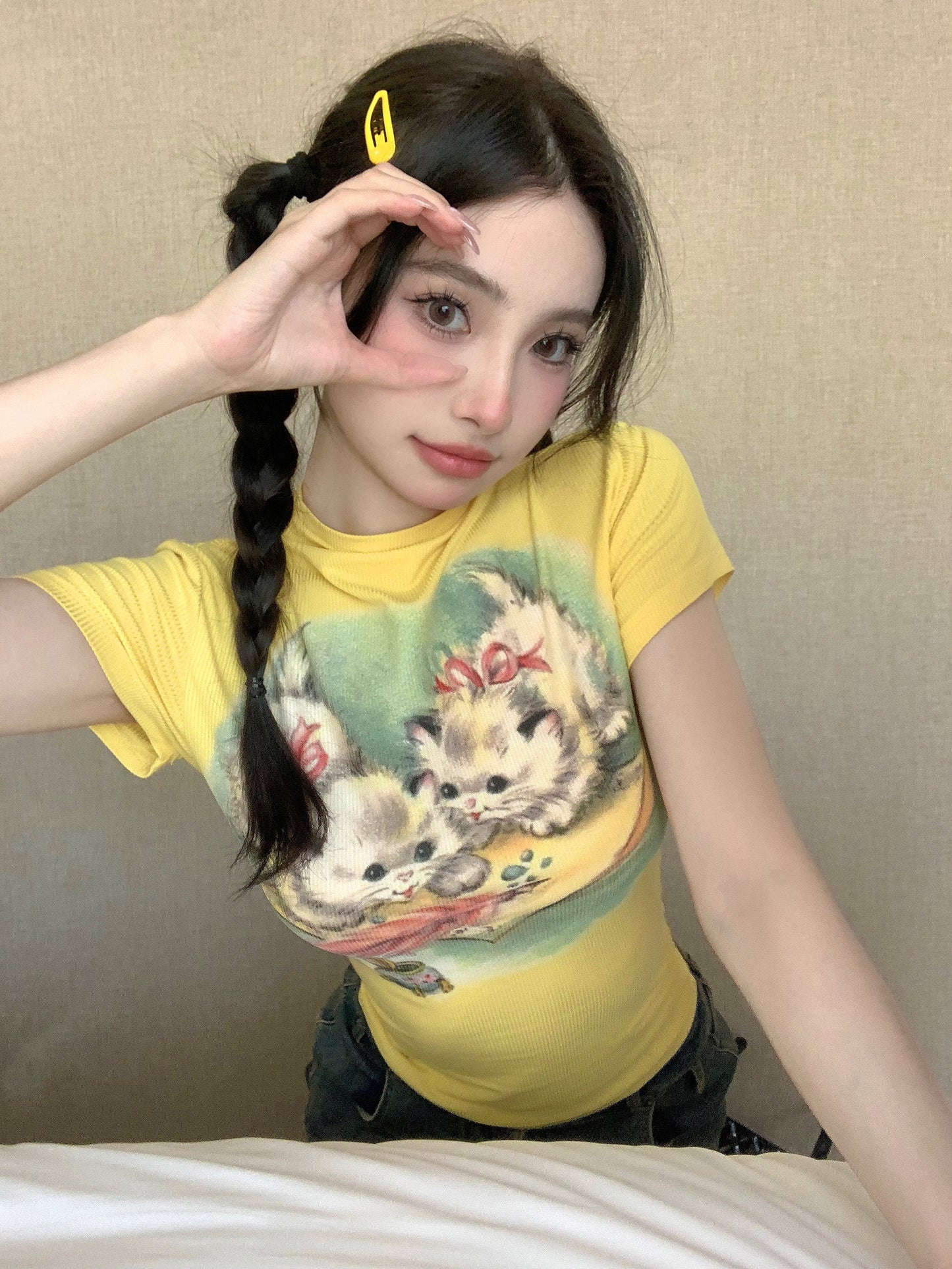 Antmvs Willa Solid Color Graphic Cat Image Print Slim Summer Cropped Top