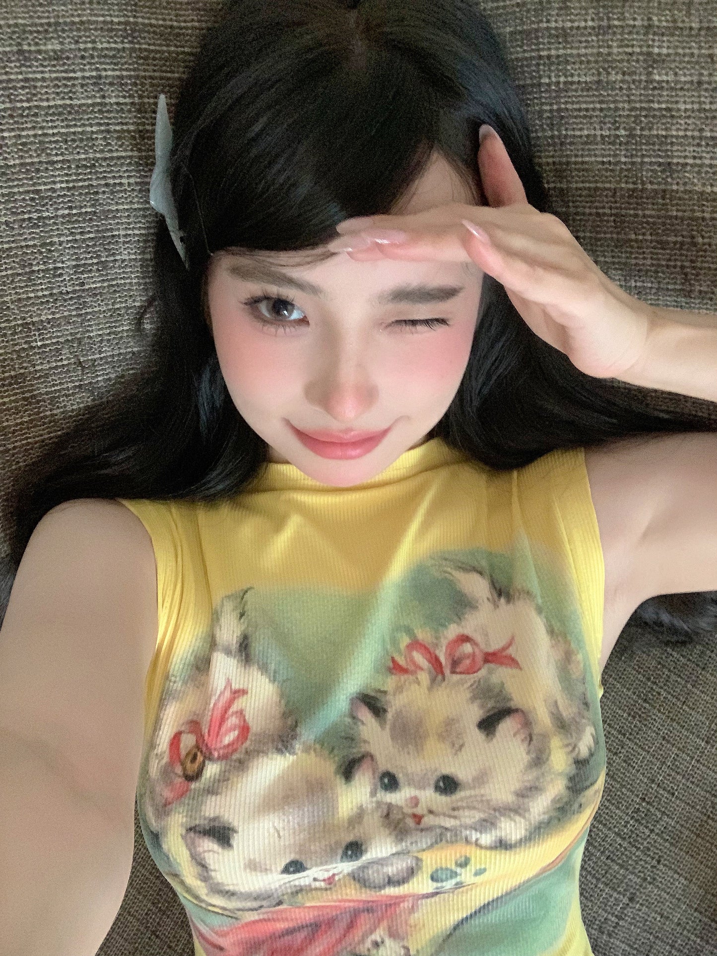 Antmvs Willa Solid Color Graphic Cat Image Print Slim Summer Cropped Top