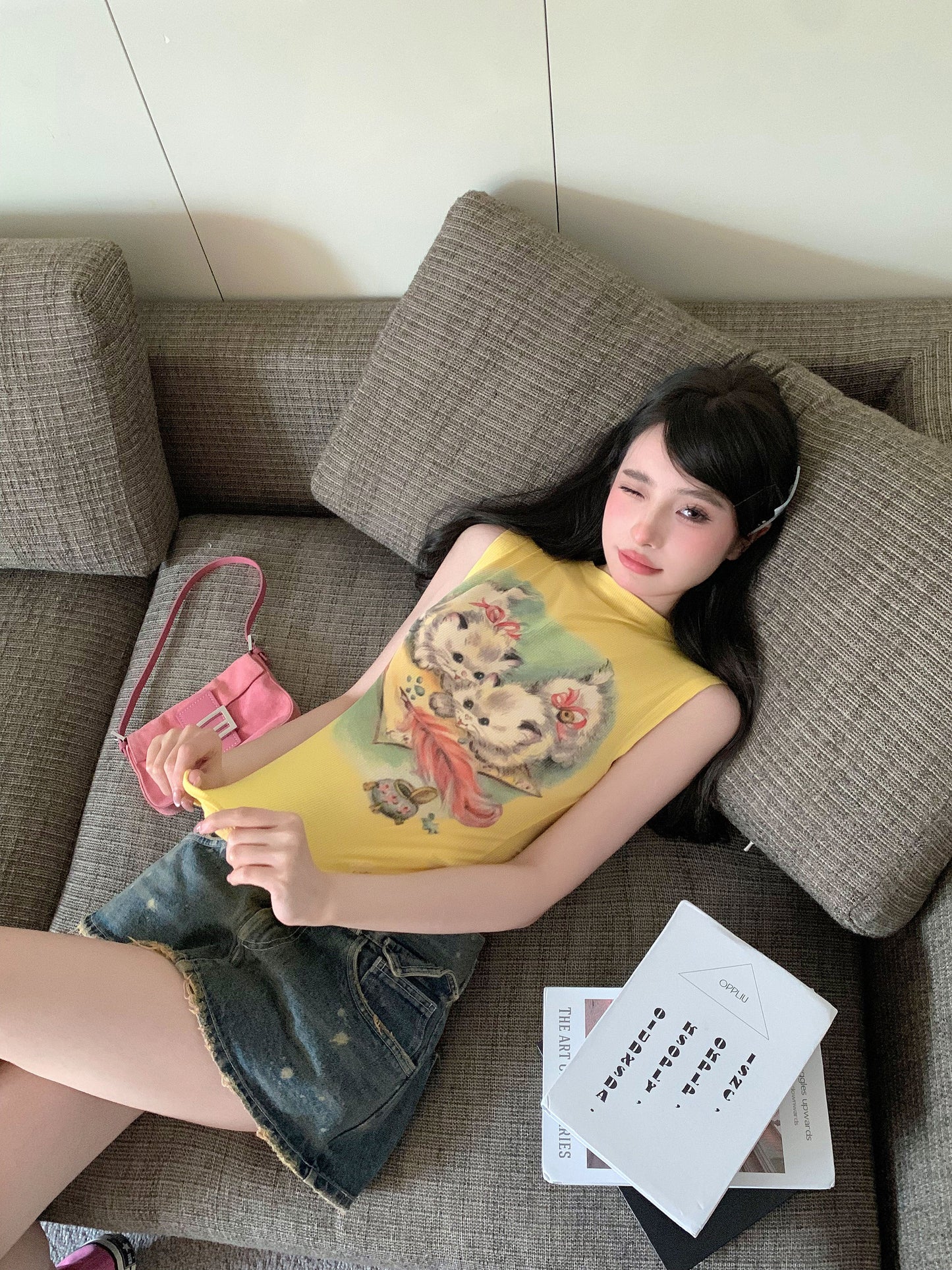 Antmvs Willa Solid Color Graphic Cat Image Print Slim Summer Cropped Top