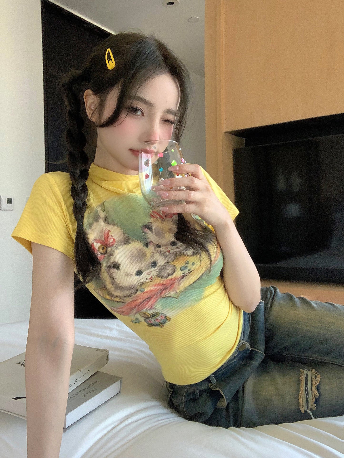 Antmvs Willa Solid Color Graphic Cat Image Print Slim Summer Cropped Top