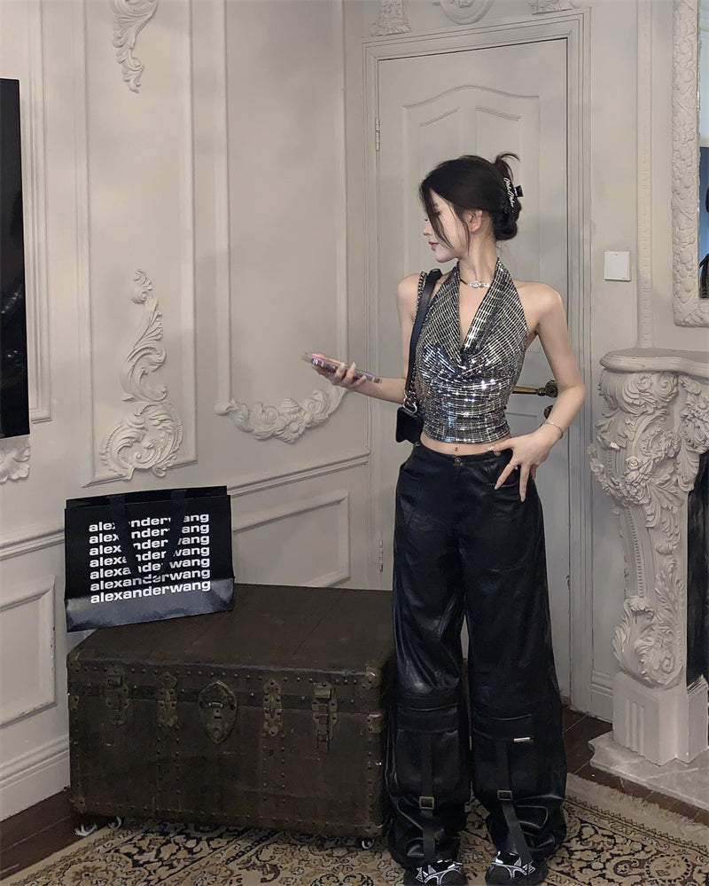 Antmvs Pamela Black & Silver Sequin Halter Neck Shiny Cropped Top