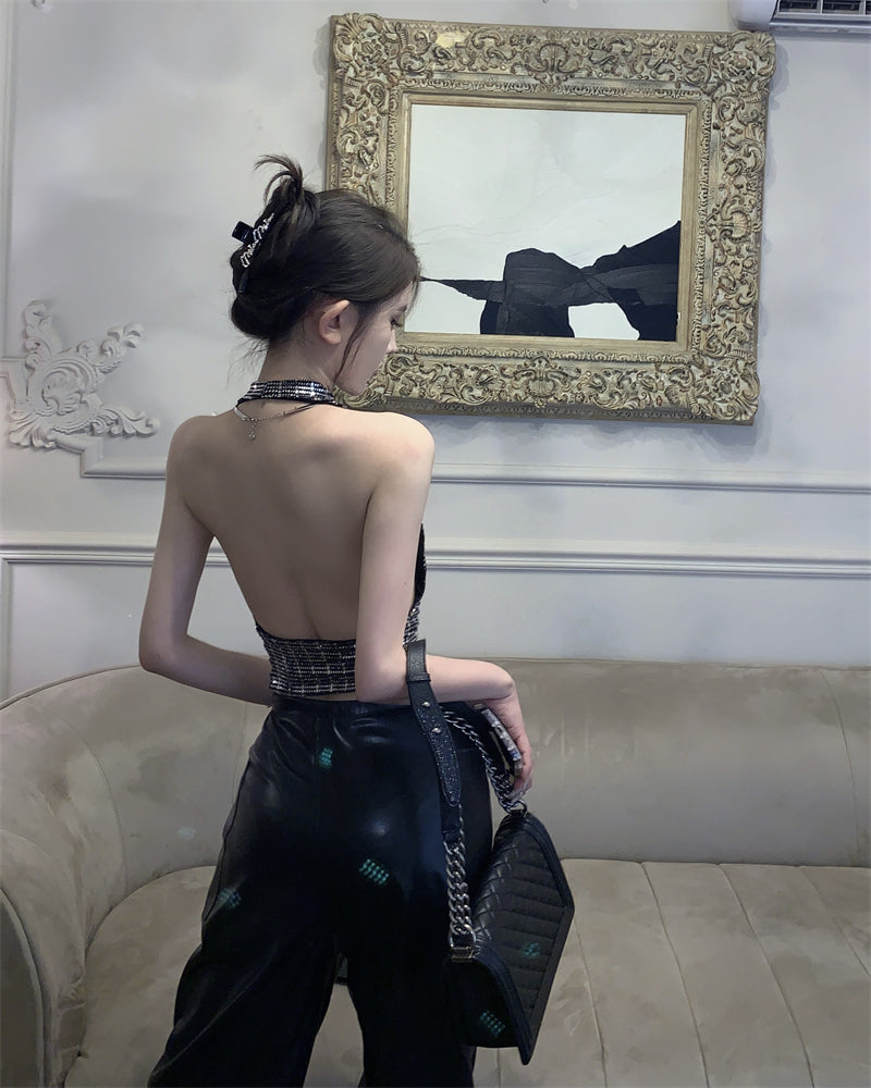 Antmvs Pamela Black & Silver Sequin Halter Neck Shiny Cropped Top